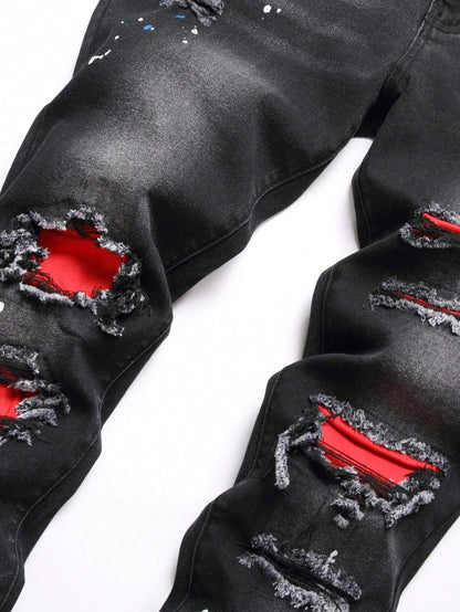 Gray Jeans Red Ripped