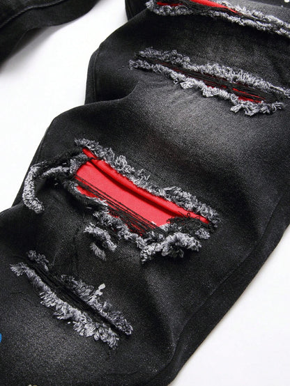 Gray Jeans Red Ripped