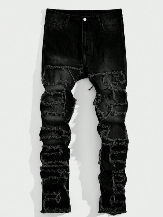 Manfinity Modagents Men'S Black Denim Pants with Frayed Hem